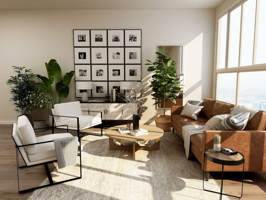 Stock photograph of a staged living room. Not a home Futuristic Noida is selling.